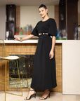 Women Self Design Flared Sleeve Cut-Outs Fit & Flare Midi Dress black