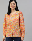 Orange Floral Printed Casual Buttoned Top