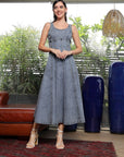 Solid Denim Round Neck Midi Dress light-blue