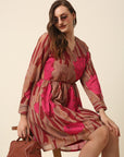 Pink Brown Floral Printed Puff Sleeves Smocked A-Line Dress
