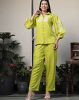Shirt Collar Embroidered Cotton Shirt With Trousers Co-Ords Set lime-green