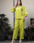 Shirt Collar Embroidered Cotton Shirt With Trousers Co-Ords Set lime-green
