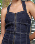 Women Halter Neck A-Line Denim Dress navy-blue
