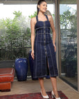 Women Halter Neck A-Line Denim Dress navy-blue