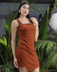 Sleeveless designs square neckline dress Brown