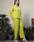 Shirt Collar Embroidered Cotton Shirt With Trousers Co-Ords Set lime-green