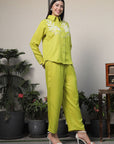 Shirt Collar Embroidered Cotton Shirt With Trousers Co-Ords Set lime-green