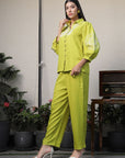 Shirt Collar Embroidered Cotton Shirt With Trousers Co-Ords Set lime-green