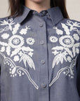 Shirt Collar Embroidered Cotton Shirt With Trousers Co-Ords Set blue
