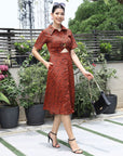 Floral Printed Shirt Collar Short Sleeves Shirt Dress Rust