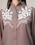 Shirt Collar Embroidered Cotton Shirt With Trousers Co-Ords Set brown