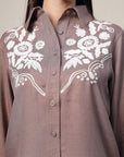 Shirt Collar Embroidered Cotton Shirt With Trousers Co-Ords Set brown