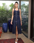Women Halter Neck A-Line Denim Dress navy-blue