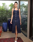 Women Halter Neck A-Line Denim Dress navy-blue