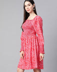 Pink Smocked Printed Fit Flare Dress