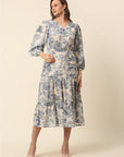 Beige Conversational Printed Puff Sleeve Tiered Fit Flare Midi Dress