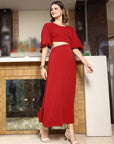 Women Self Design Flared Sleeve Cut-Outs Fit & Flare Midi Dress red