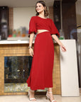 Women Self Design Flared Sleeve Cut-Outs Fit & Flare Midi Dress red