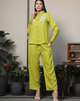 Shirt Collar Embroidered Cotton Shirt With Trousers Co-Ords Set lime-green
