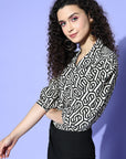 Women White Geometric Vacay Attire Buttoned Top