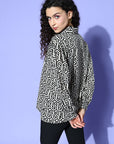 Women White Geometric Vacay Attire Buttoned Top
