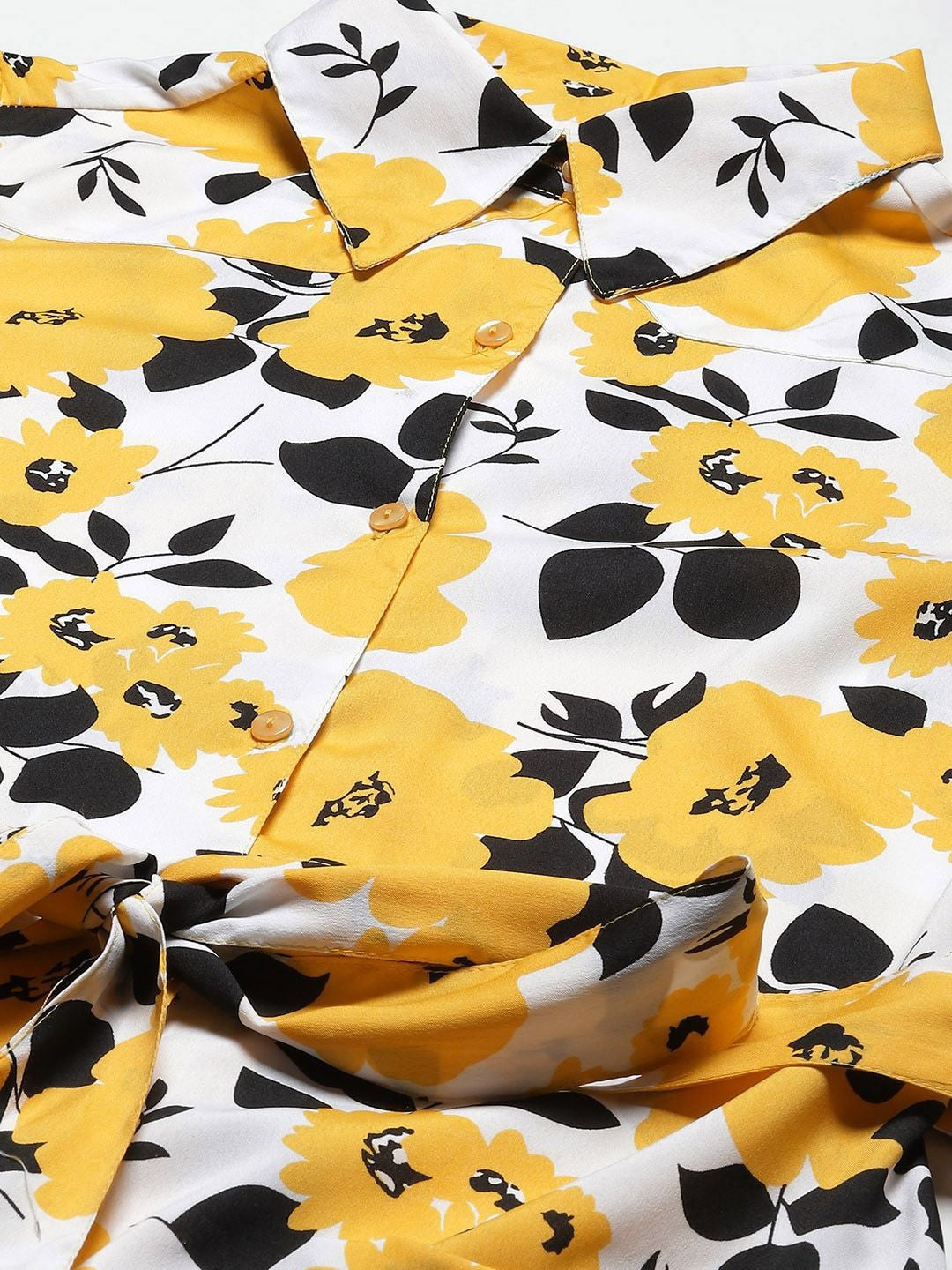 White Top And Skirt Set With Yellow Floral Print