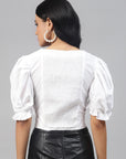 Captivating White Solid Smocked Crop Top
