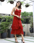 Women Self Design Shoulder Straps Ruffles Peplum Dress Maroon