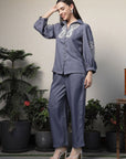 Shirt Collar Embroidered Cotton Shirt With Trousers Co-Ords Set blue