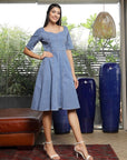 Solid Denim Square Neck Half Short Sleeve Dress light-blue