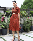 Floral Printed Shirt Collar Short Sleeves Shirt Dress Rust