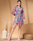 Multi Above Knee V Neck Floral Print A Line Dress