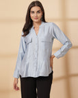Blue Women Opaque Casual Buttoned Top