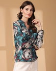 Print Mandarin Collar Puff Sleeve Cotton Top