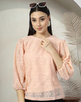 Women Pink Solid Round Neck 3/4th Sleeve Cotton Top
