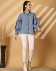 Blue Floral Opaque Casual Buttoned Top