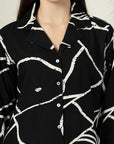 Black Printed opaque spread collar Casual Buttoned Top