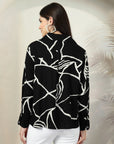 Black Printed opaque spread collar Casual Buttoned Top