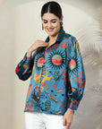 Blue floral printed opaque Casual Buttoned Top