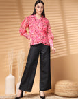 Pink Regular Sleeves Spread Collar Women Standard Floral Opaque Printed Casual Buttoned Top