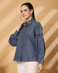 Women Blue Floral Opaque Casual Buttoned Top