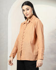 Women Standard Peach Opaque Casual Buttoned Top