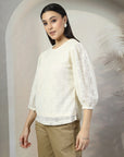 Women Cream Solid Round Neck 3/4th Sleeve Cotton Top