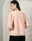 Women Pink Solid Round Neck 3/4th Sleeve Cotton Top