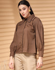 Brown Regular Sleeves Above the Keyboard Collar Women Standard Opaque Casual Buttoned Top