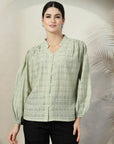 Green solid opaque Casual Buttoned Top