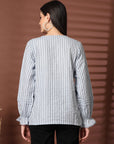 Women Blue Striped Casual Buttoned Top