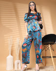 Teal Top Short Sleeves Women Printed Top With Trouser Co Ords