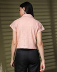 Pink Solid Shirt Collar Cotton Crop Top