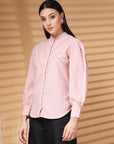 Solid Pink Regular Sleeves Spread Collar Casual Buttoned Top